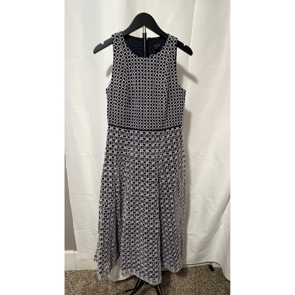 Ann Taylor Navy White Cotton Eyelet Sleeveless Fit Flare Midi Dress 2 NEW